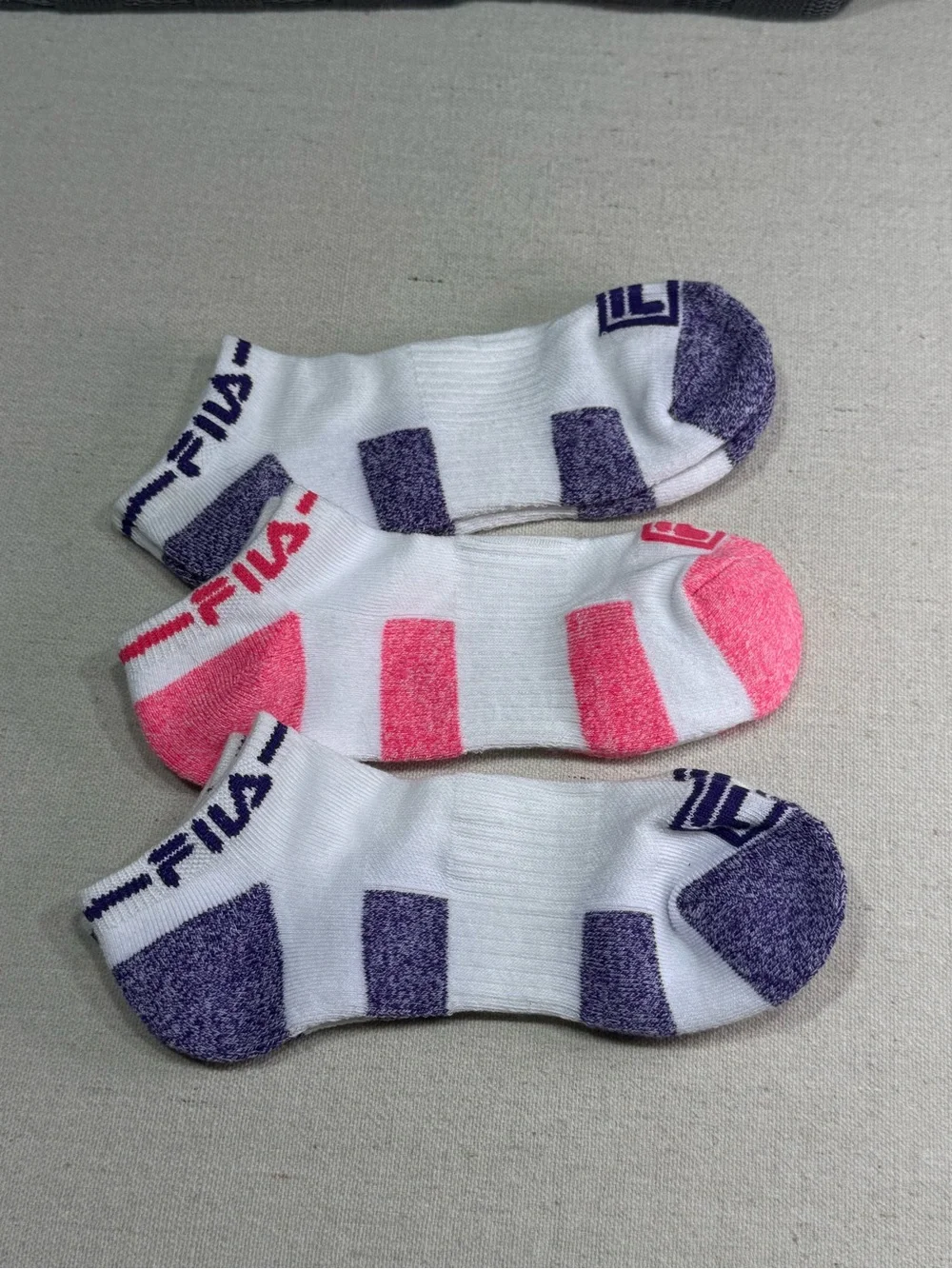 Fila White Low-Cut Socks with Pink and Purple Accents - 3 Pack - NWT